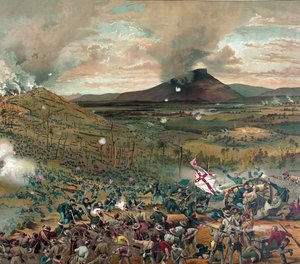 Slaget vid Mission Ridge, 25 november 1863 - presenteras med komplimanger från McCormick Harvesting Machine Company, pub. 1886 (färglitografi)